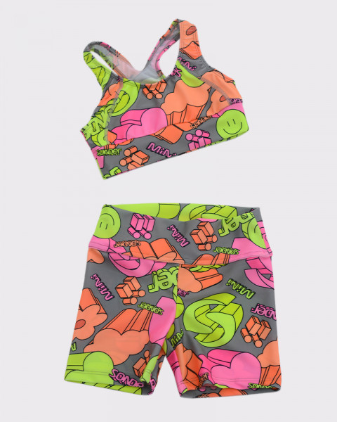 Ciclista corta de niña de LYCRA estampada Mini 3D Flúo