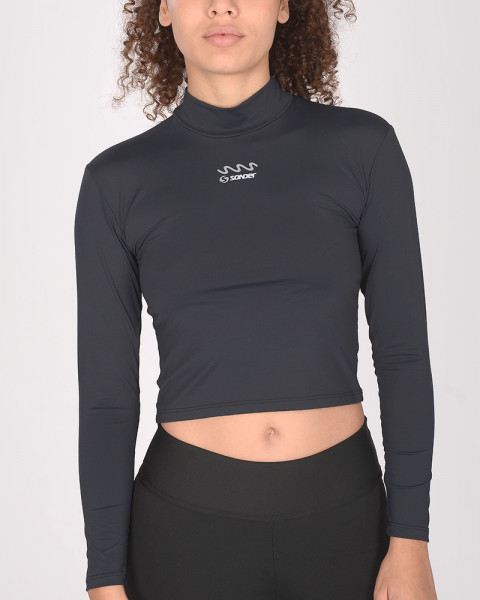 Remera polera entallada corta de seda gris oscura