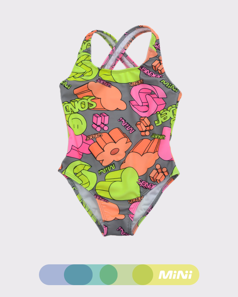 Malla competición de niña de LYCRA estampada Mini 3D Flúo