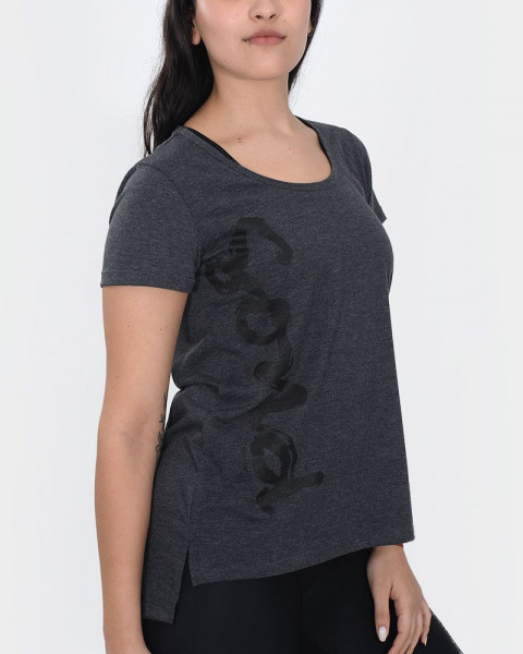 Remera evasé de jersey algodón gris oscuro melange con estampa