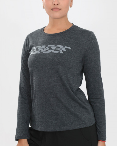 Remera mangas largas de jersey gris oscuro melange con estampa