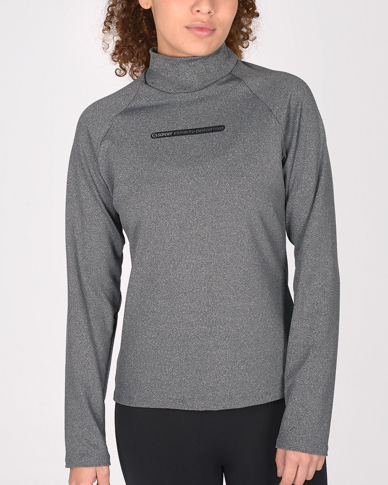 Buzo polera de microfibra elastizada gris melange oscuro con estampa
