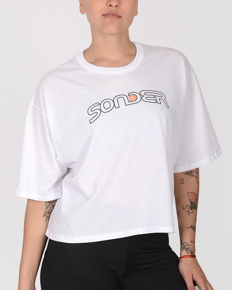 Remera oversize corta de jersey blanco con estampa retro