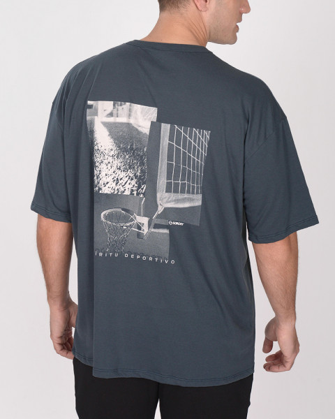 Remera ovesize de jersey azul marino con doble estampa