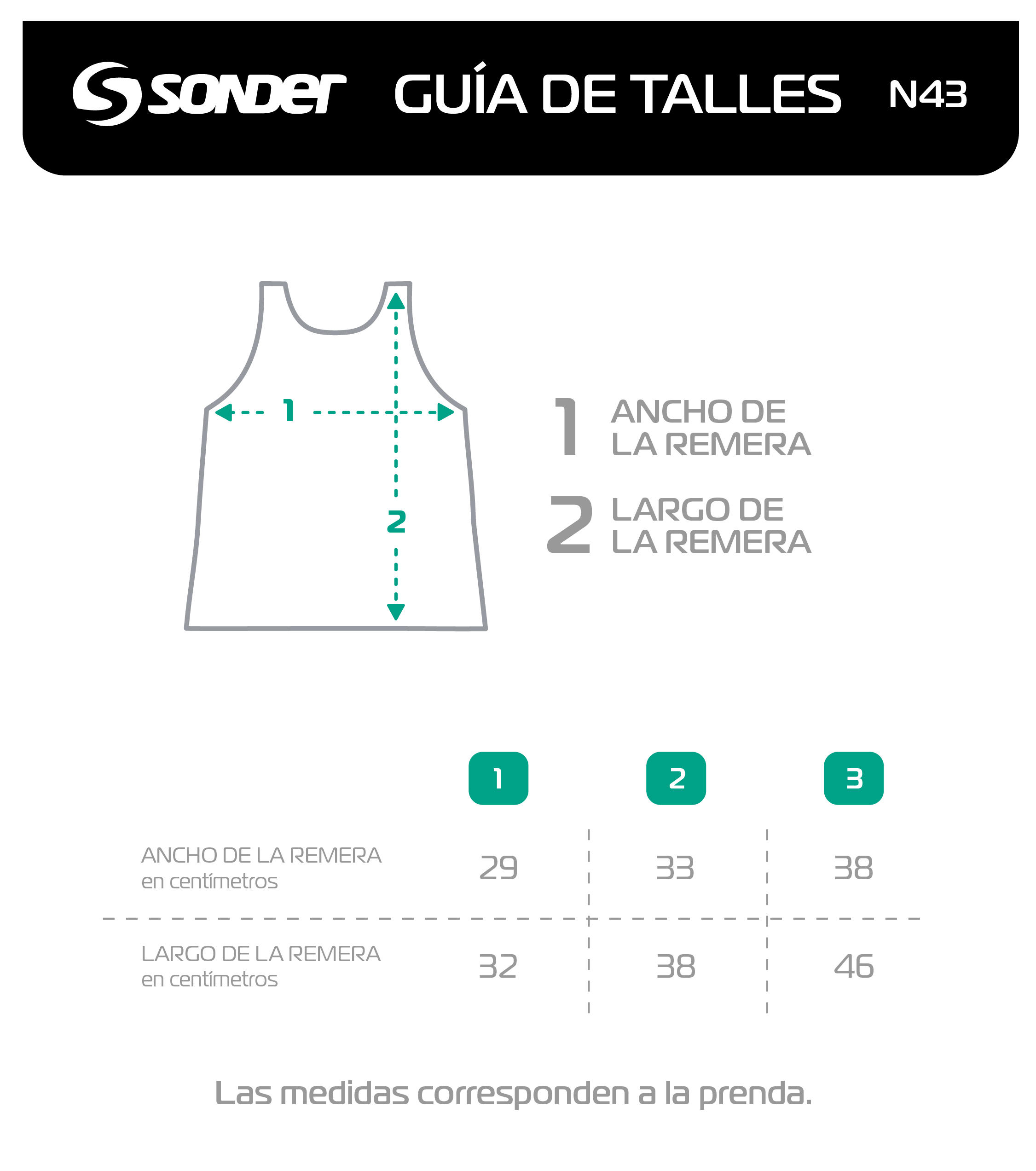 Tabla de talle para musculosa escote americano de niña. Talle del 01 al 03. Correspondencia en centímetros de la prenda en reposo. 
